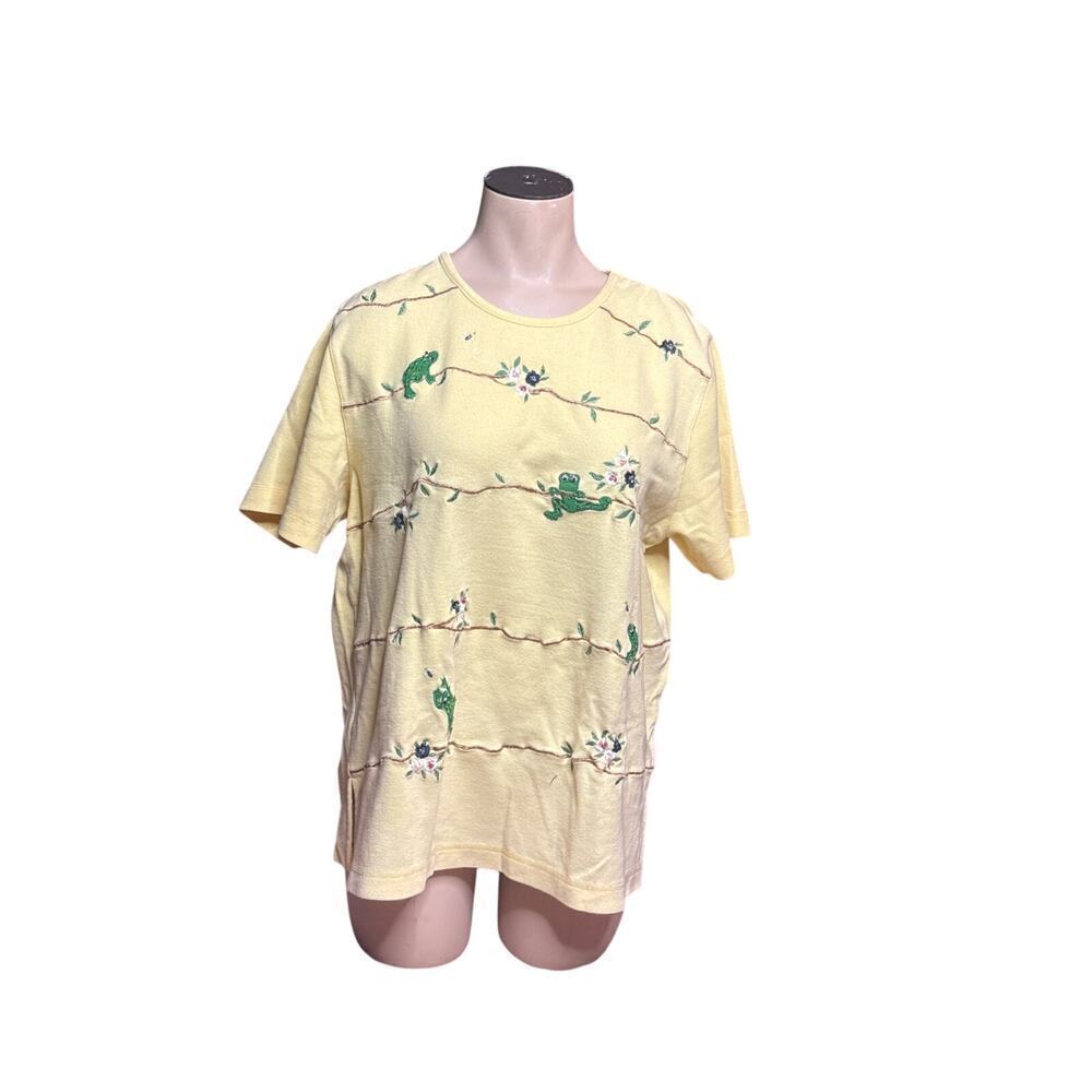 Alfred Dunner Women’s Medium Yellow Knit Top Embroidered Frogs Short Sleeve